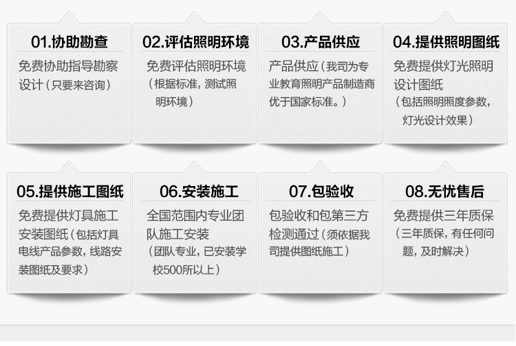 我司提供一站式教育照明解決方案：1、免費(fèi)協(xié)助指導(dǎo)勘察設(shè)計(jì)（只要來(lái)咨詢）2、免費(fèi)評(píng)估照明環(huán)境（根據(jù)標(biāo)準(zhǔn)，測(cè)試照明環(huán)境）3、產(chǎn)品供應(yīng)（我司為專業(yè)教育照明產(chǎn)品制造商，優(yōu)于國(guó)家標(biāo)準(zhǔn)。）4、免費(fèi)提供燈光照明設(shè)計(jì)圖紙（包括照明照度參數(shù)，燈光設(shè)計(jì)效果）5、免費(fèi)提供燈具施工安裝圖紙（包括燈具/電線產(chǎn)品參數(shù)，線路安裝圖紙及要求）6、全國(guó)范圍內(nèi)專業(yè)團(tuán)隊(duì)施工安裝（團(tuán)隊(duì)專業(yè)，已安裝學(xué)校500所以上）7、包驗(yàn)收和包第三方檢測(cè)通過(guò)（須依據(jù)我司提供圖紙施工）8、免費(fèi)提供三年質(zhì)保（三年質(zhì)保，有任何問(wèn)題，及時(shí)解決）